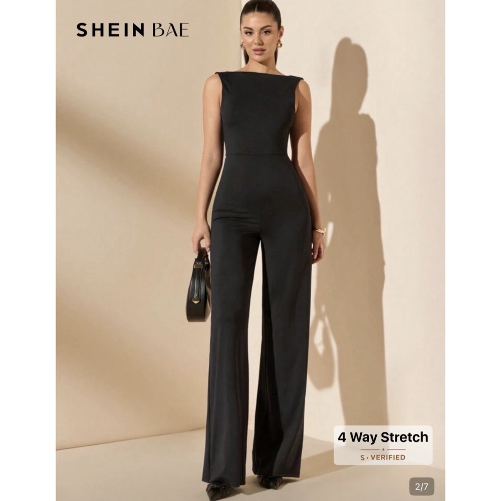 SHEIN Bae Black Backless Tie Bow Super Wide Leg Jumpsuit Medium